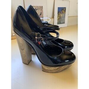 Jessica Simpson Glynis Black Leather High Heel Wood Platform Round Toe Pumps Sz9